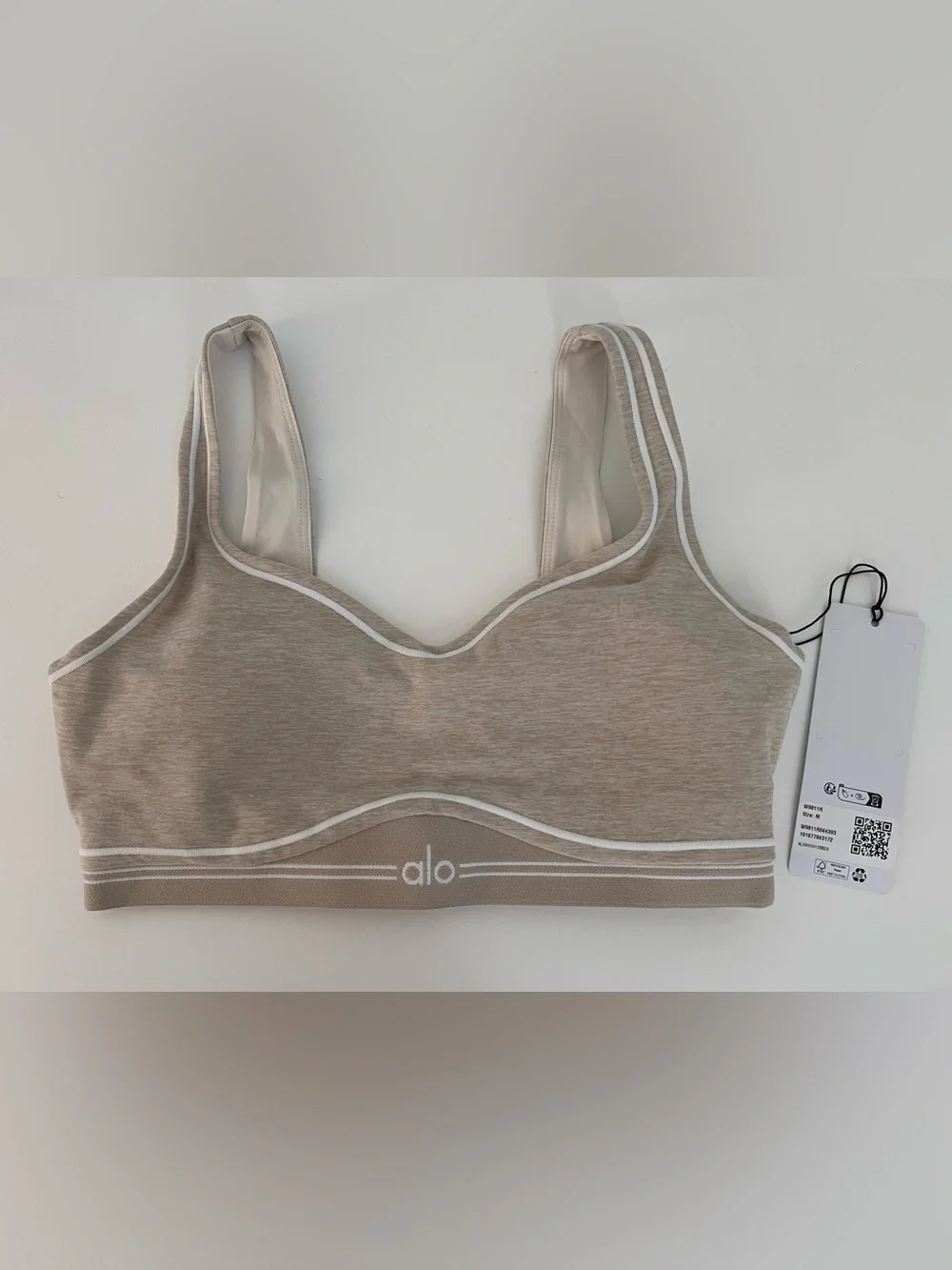 ALO Yoga AloSoft Heart Throb Bra - Oatmeal Heather/White- NWT - Picture 2 of 3